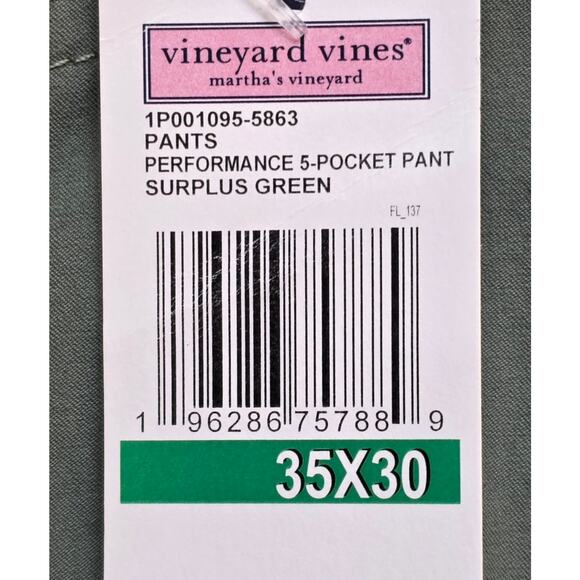 Vineyard Vines Performance Golf Pants Mens 35x30 Surplus Green Stretch 5 Pocket - Picture 2 of 8